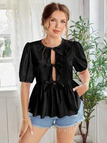 SHEIN Clasi 正面系带泡泡袖荷叶边衬衫荷叶边上衣