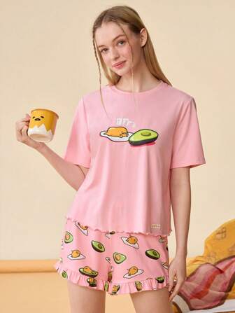 Gudetama X SHEIN 女士夏季休閒蛋與酪梨圖案印花短袖上衣和短褲睡衣套裝