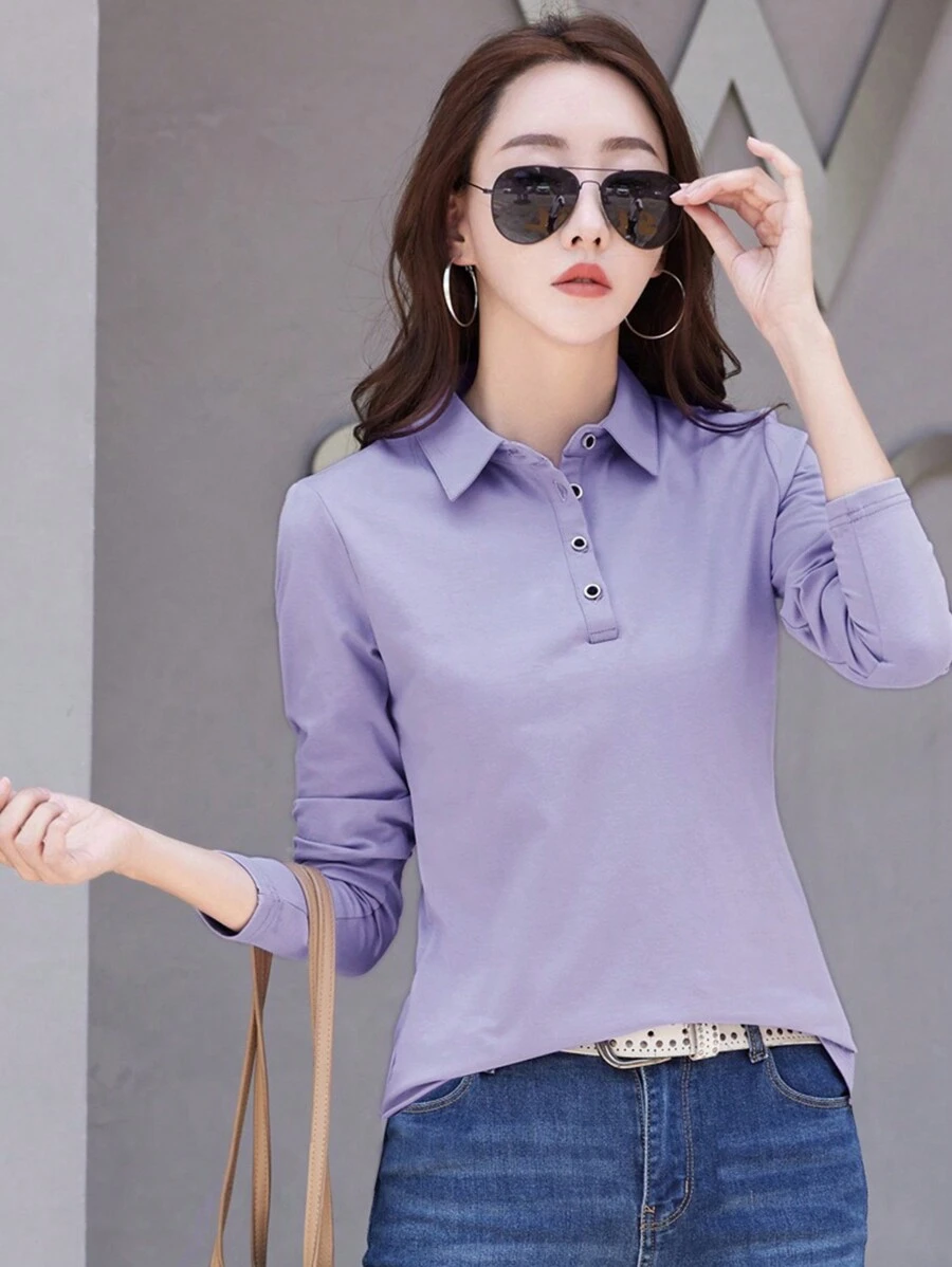 INAWLY 女式春夏纯色长袖休闲 Polo 衫 - 紫色 - 查看 1