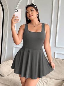 SHEIN EZwear بدلة قصيرة بلا أكمام وجيوب داخلية للسيدات بمقاس زائد، بلون سادة - رمادي - مشاهدة 5