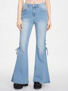 Kawaii Jeans con pierna acampanada y cordones laterales para mujer, para uso diario y escuela - Lavado ligero - Ver 5