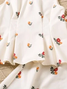 SHEIN LMoss Kids LMoss Tween Girl 宽松休闲无袖 V 领衬衫搭配阔腿花裤，2 件/套 - 杏色 - 查看 4