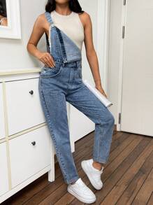EURMUSE POCKET DETAIL WOMEN DENIM OVERALL JUMPSUIT - Medium Wash - View 1