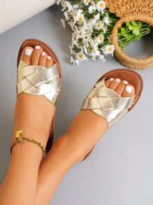 春夏新款拖鞋女士时尚休闲风格罗马风格一脚蹬拖鞋黑色/棕色/米色低跟压花舒适拖鞋