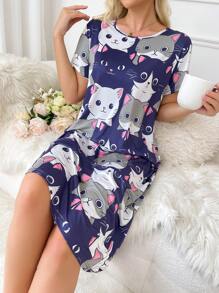 Women's Short Sleeve Sleep Dress Pajama Dress With Cat Pattern - Multicolor - View 3