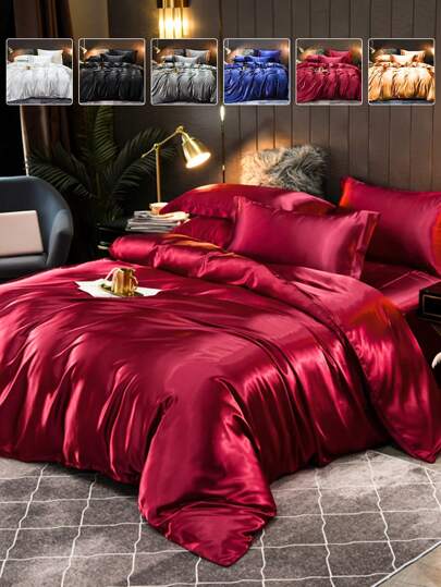 2/3 piezas Juego de Ropa de Cama de Satén, Juego de Ropa de Cama, Juego de Edredón Libre de Arrugas, Suave y Amigable con la Piel, Ligero y Sedoso Edredón, Mejor para Dormir, Serie de unicolor, Ajuste Perfecto para Cama Individual, Doble, King y Queen, Para Todas las Estaciones (Funda de Edredón con 1/2 Fundas de Almohada), Temporada de Regreso a Clases, Decoración de Otoño, Decoración de Otoño, Decoración de Habitación