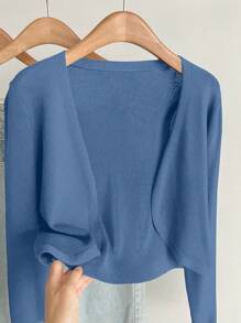 SHEIN Essnce Plus Solid Long Sleeve Casual Cardigan For Dailywear - Dusty Blue - View 5