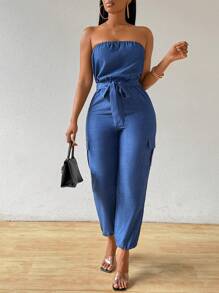 SHEIN SXY 女式夏季休闲牛仔效果露肩连体裤，采用实用设计 - 藏蓝色 - 查看 6