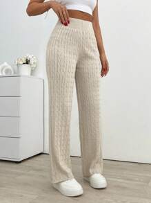 EURMUSE High Waist Wide Leg Knit Pants - Apricot - View 3