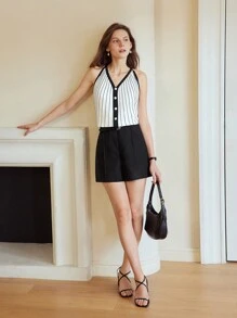 MOTF PREMIUM STRIPED PLEATED BUTTON DETAIL SLEEVELESS BLOUSE - Black and White - View 6