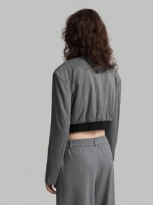 Ontre 女士灰色条纹棒球领短款夹克，秋季休闲外套 - 灰色 - 查看 2