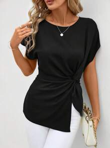 SHEIN Clasi Asymmetric Hem Knot Texture Women's Shirt - Black - View 6