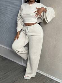 Slaydiva 2024 New Arrival Easter/Western Casual Basic Solid Color Long Sleeve Cropped Top, Cami Undershirt & Loose Pants 3 Piece Women Suit Set