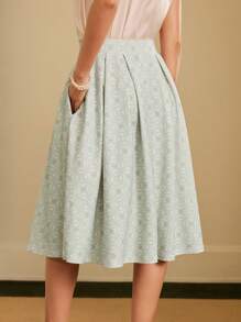 Vintamour 復古優雅女式A字裙，寬鬆版型，花簇格印花，淺綠色，適用於春夏假期日常穿著，老錢美學，夏季時尚綠色服飾，開學裝扮搭配口袋，教師裝扮，女性復古服飾 - 綠色 - 查看 7