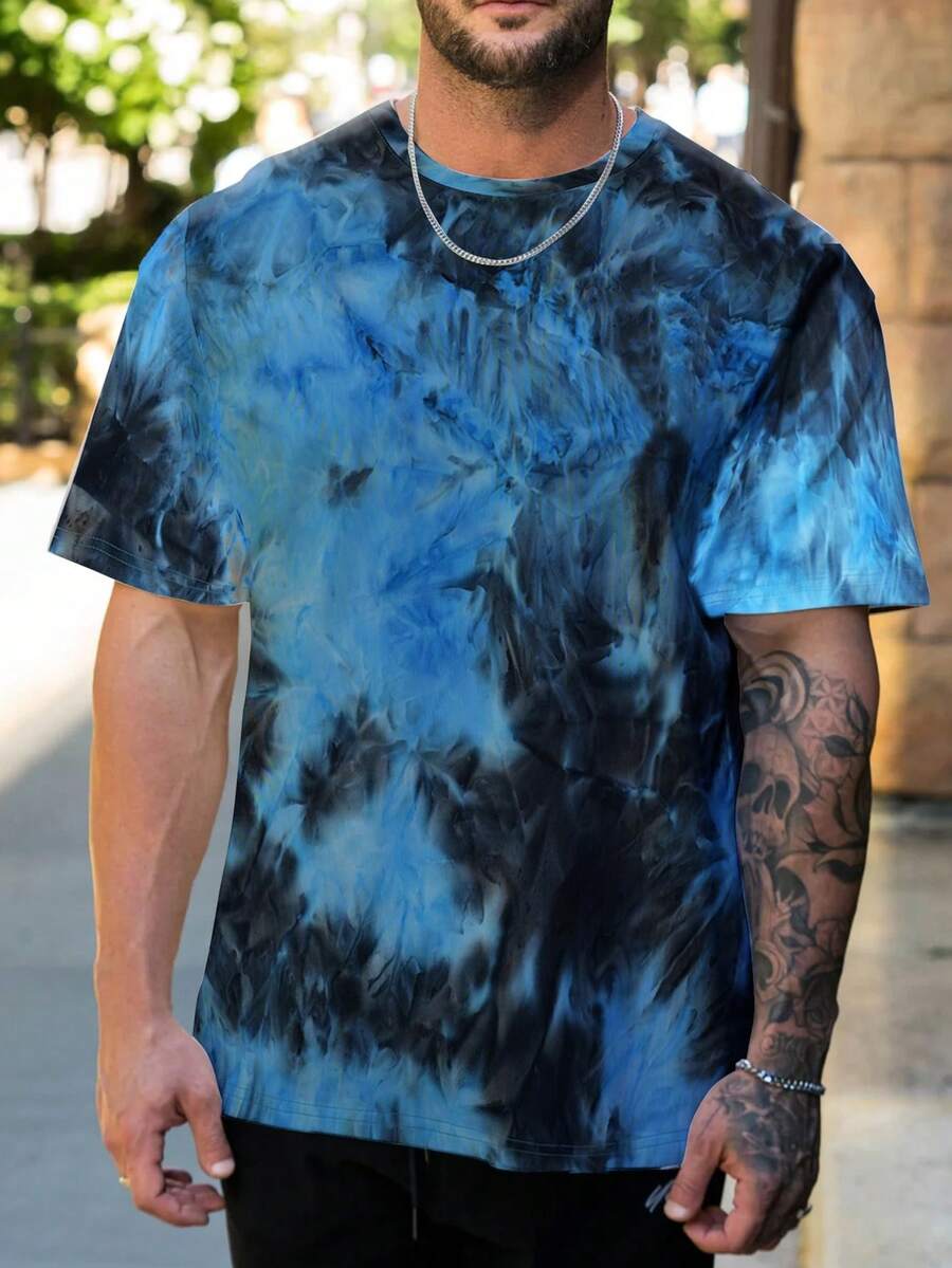 Camiseta casual de manga corta de cuello redondo con estampado de doble cara en tie-dye para hombre en verano - Azul - Ver 1