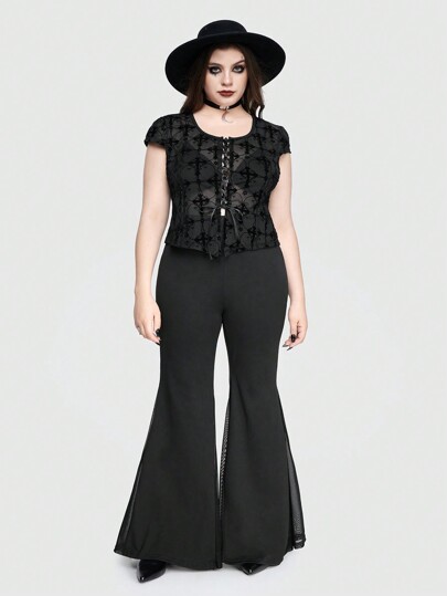 Goth Sexy Gothic Cross Flocked Open Front Asymmetrical Hem Plus Size Women's Top With Sheer Panel And Tie-Up Details