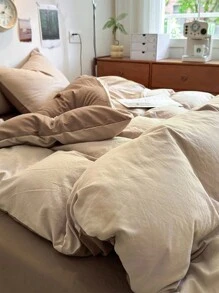 3 件套米色和咖啡色宿舍卧室床上用品套装，超柔软羽绒被套和 2 个枕套，无填充物，可机洗 - 卡其色 - 查看 5