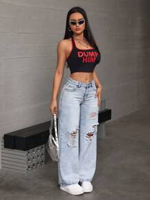 SHEIN EZwear Women's Casual Loose-Fit Wide-Leg Denim Pants With Distressed Pockets - Light Wash - View 7