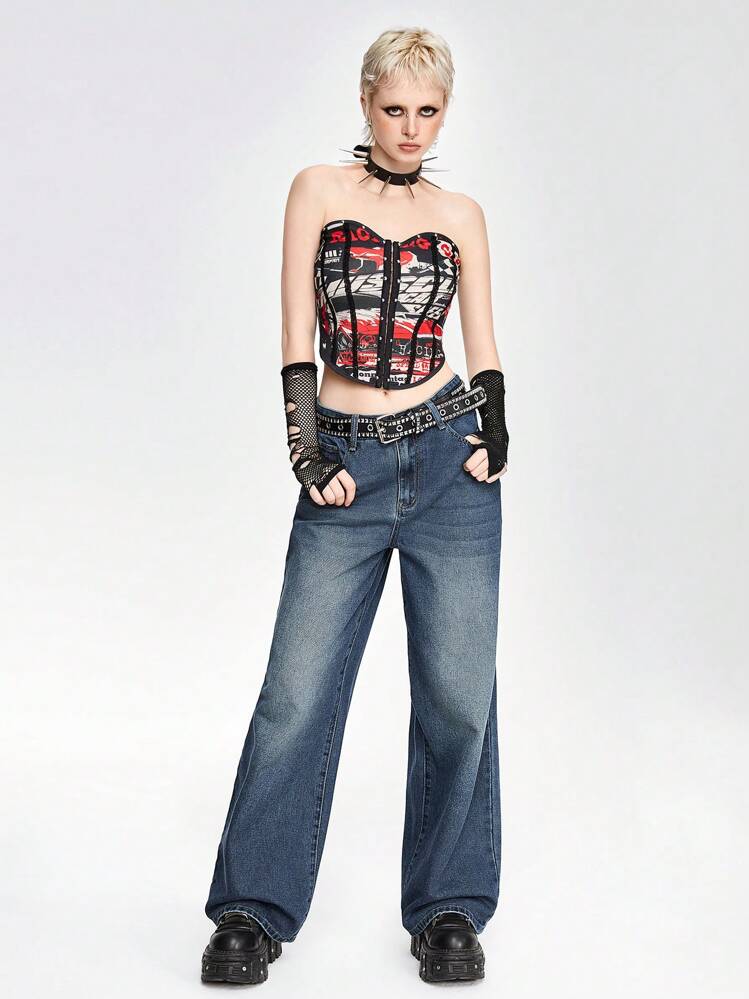 ROMWE Grunge Punk Vintage Y2K Punk Cross Wings Embroidery Wide Leg