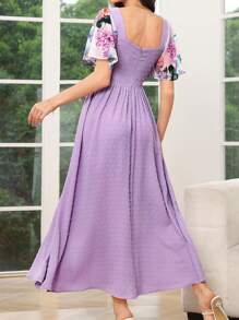 Modelyn Váy ngắn tay đơn giản in hàng ngày cho nữ - Màu tím - Xem 6