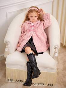 SHEIN Elegant And Graceful Rose Plush Bow Tie Jacket With Furry Hat For Young Girls, Suitable For Parties, Dinners, And Outings In Spring, Autumn And Winter - Pink - View 7