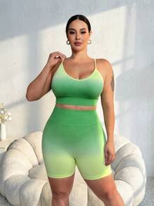 SHEIN Sport Gameset Plus Size Women's Ombre Tie-Dye Camisole Tank Top And Shorts Sports Set