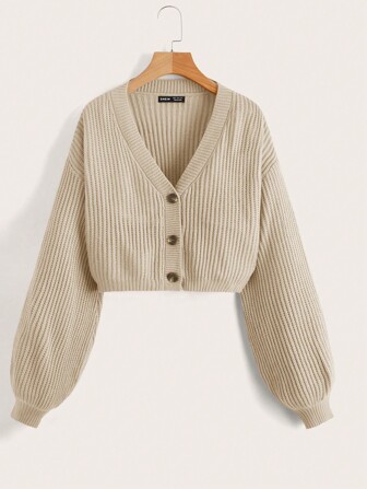 SHEIN EZwear Cardigan côtelé à boutons et manches lanternes, hauts à manches longues