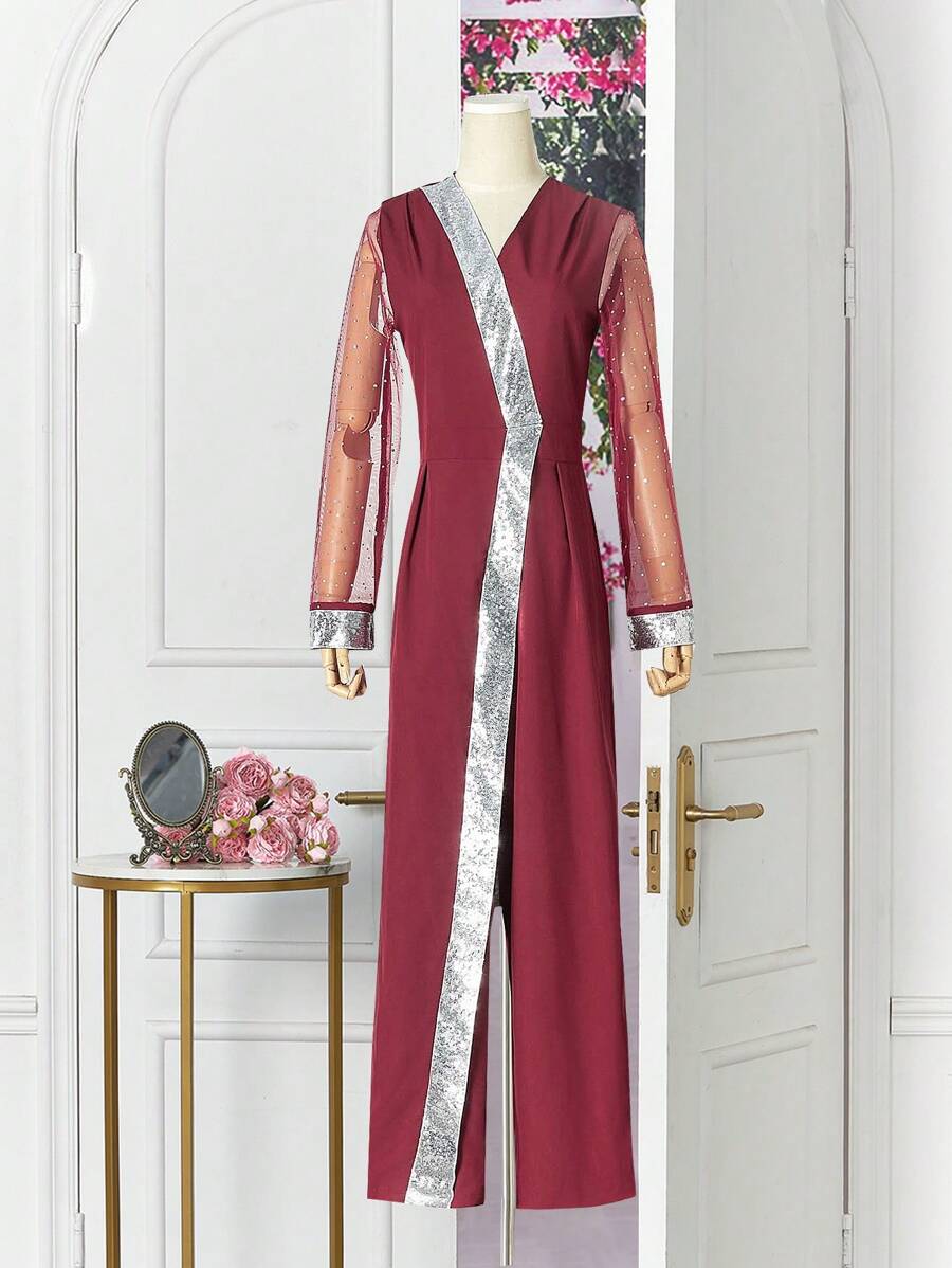SHEIN Bộ đồ liền thân lưới sequin tương phản cho bé gái tuổi teen, dự tiệc/câu lạc bộ/đi làm - Nhiều màu - Xem 1