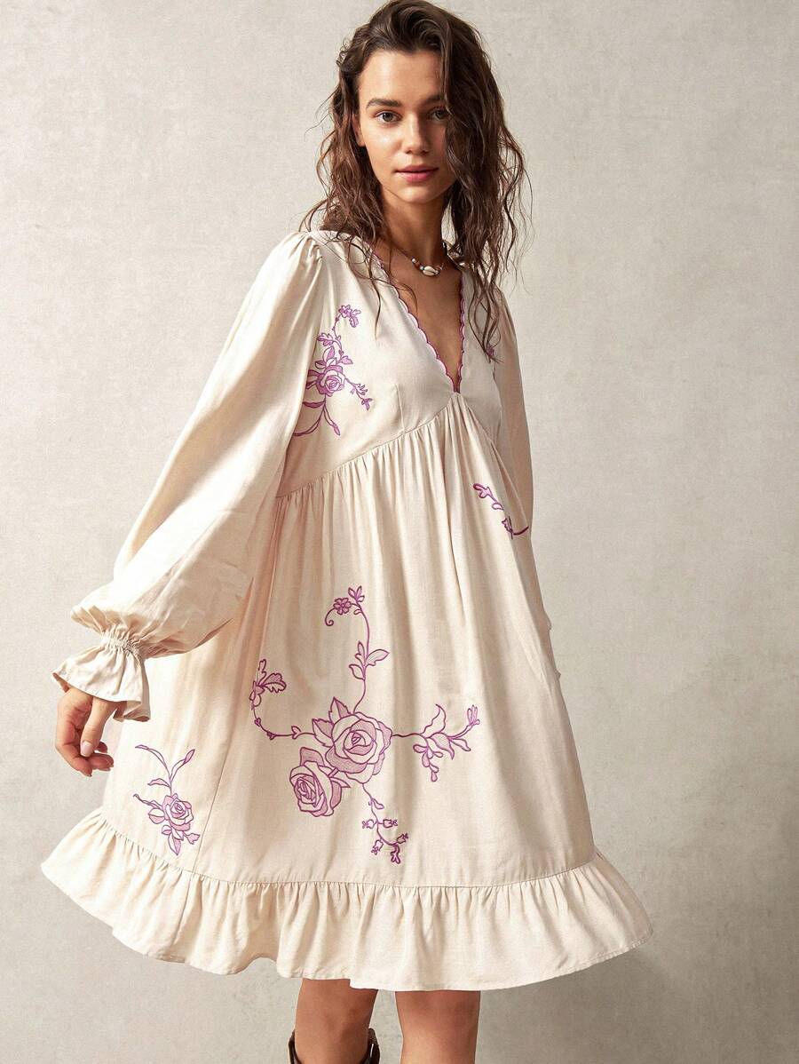 Bohemela Vacation Embroidery Women's Casual Mid-Length Dress, Beige Color, Summer - Apricot - View 1