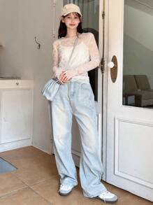 DAZY 女士春夏蝴蝶网纱透视长袖圆领上衣外出上衣长袖女上衣 - 白色 - 查看 9