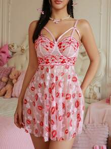 SHEIN 2pcs/Set Women's Sexy Lace Sleepwear Dress And Thong, Two-Tone Lingerie - Multicolor - View 1