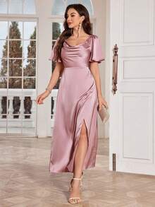 Đầm cocktail màu trơn, cổ xếp ly, xẻ tà, kiểu dáng thanh lịch, thích hợp dự tiệc cưới, sinh nhật, tốt nghiệp, tiệc tối, tiệc chào mừng, mùa xuân. - Bụi hồng - Xem 4