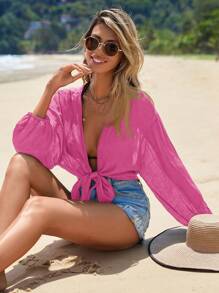 Swim Vcay Tie Front Drop Shoulder Kimono For Summer Beach - Hot Pink - View 4