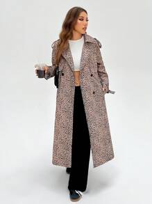 SHEIN EZwear Leopard Print Double Breasted Belted Trench Coat - Brown - View 4