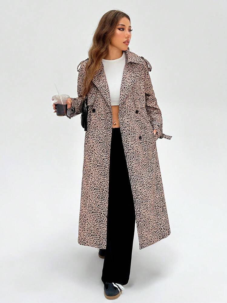 SHEIN EZwear 豹紋雙排扣束腰風衣 - 棕色 - 查看 4