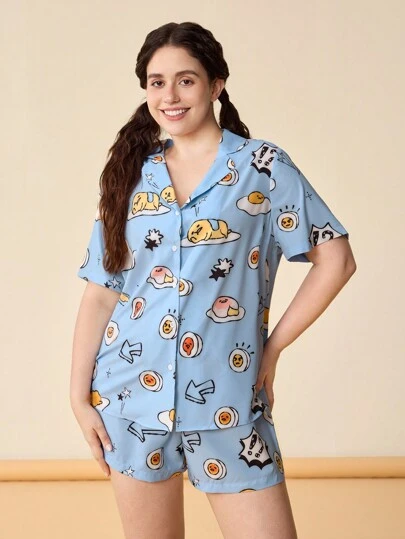 Gudetama X SHEIN Plus Size Casual Stylish Blue Cartoon Egg Printed Loose Top & Loose Shorts Plus Size Pajama Set For Summer