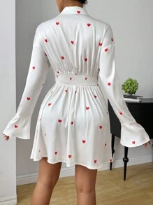 Chiquease Heart Print Flounce Sleeve Shirt Dress For Holiday