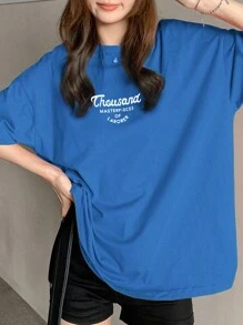 DAZY Letter Graphic Drop Shoulder Oversized Tee Summer - Blue - View 5