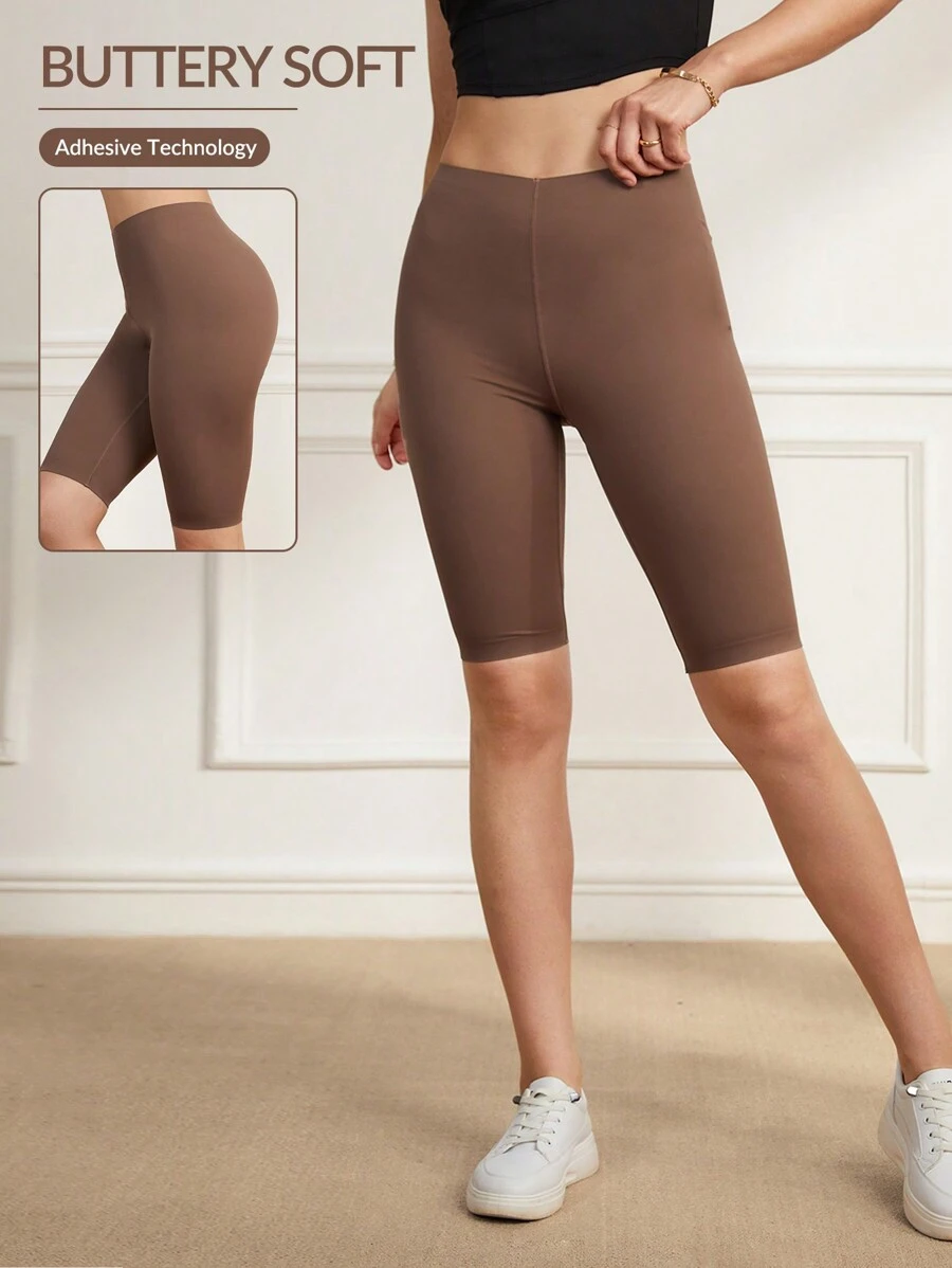 Easithlete Women's Solid Color High Waist Daily Workout Shorts Airport Outfit - Brown - View 1