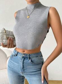 SHEIN Essnce Women's Grey Summer Casual Everyday Solid Stand Collar Sleeveless Knitted Crop Top,Back To School Sweater Vest,Fall Winter Clothes Outfits Halloween - Grey - View 5