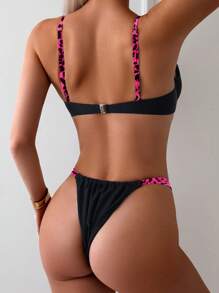 SHEIN Swim 女士夏季海灘豹紋拼接性感比基尼套裝，二件式泳衣 - 玫紅色 - 查看 2