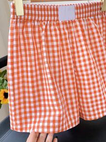SHEIN EZwear Shorts de verano casuales de cuadros tejidos naranja para mujer
