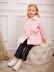 SHEIN Girls' Sweet Ladylike Wide Collar Loose-Fit Drop Shoulder Long Sleeve Thick Woolen Coat With 3D Bow, Solid Color, Autumn/Winter