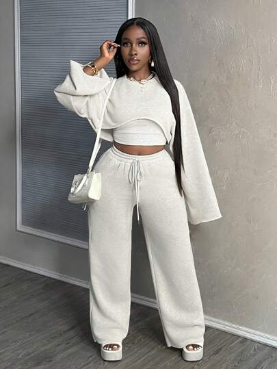 Slaydiva New Arrival Easter/Western Casual Basic Solid Color Long Sleeve Cropped Top, Cami Undershirt & Loose Pants 3 Piece Women Suit Set