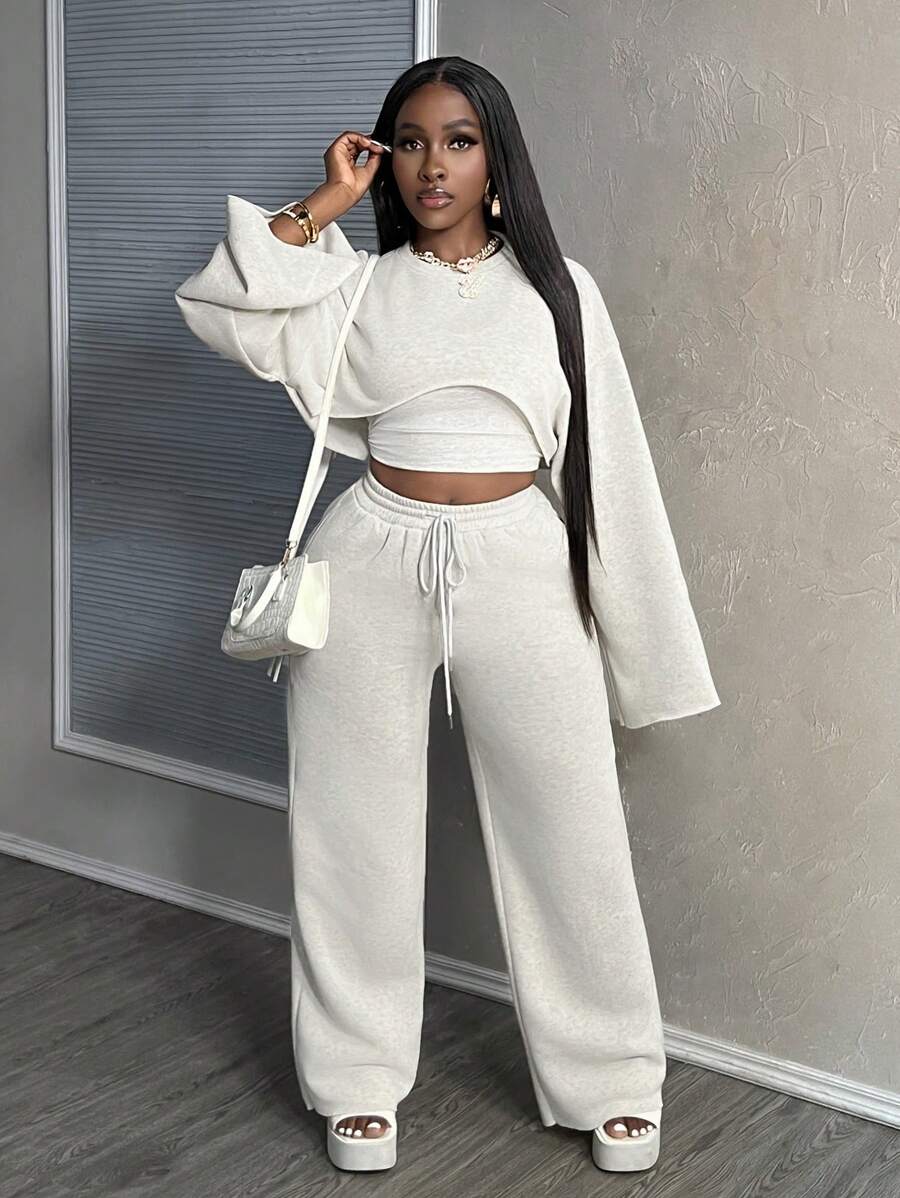 Slaydiva 2024 New Arrival Easter/Western Casual Basic Solid Color Long Sleeve Cropped Top, Cami Undershirt & Loose Pants 3 Piece Women Suit Set