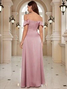 Cold Shoulder Solid Split Thigh Women Prom Dresses - Dusty Pink - View 2