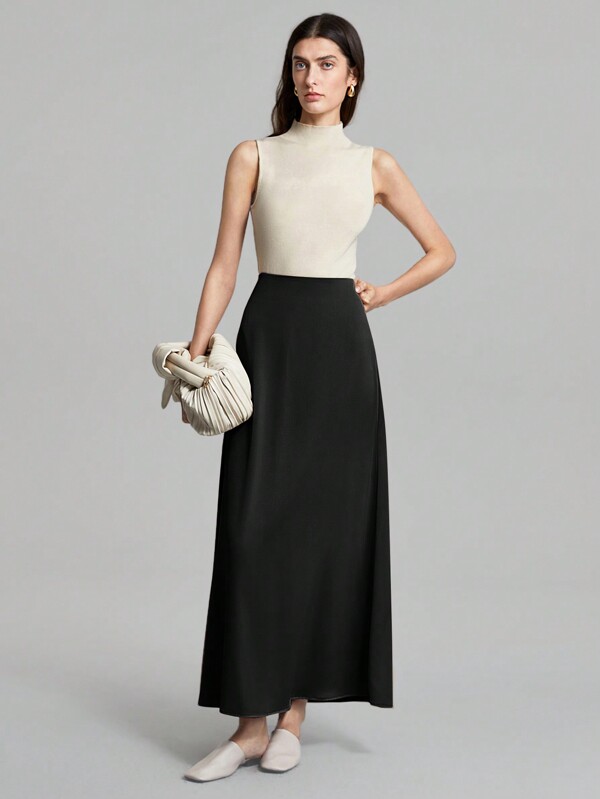 Ontre Women's 2025 New Spring Apparel - Women's Solid Black High Waist Satin A-Line Skirt, All-Match Versatile Long Skirt