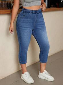 大码女式休闲松紧腰斜口袋修身九分牛仔裤 - 中等水洗藍 - 查看 2