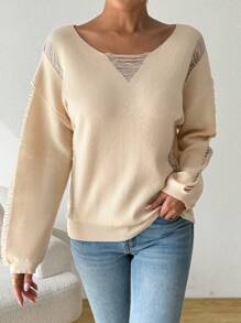 SHEIN Essnce 女士纯色船领长袖钩针套头毛衣，杏色毛衣 - 杏色 - 查看 3