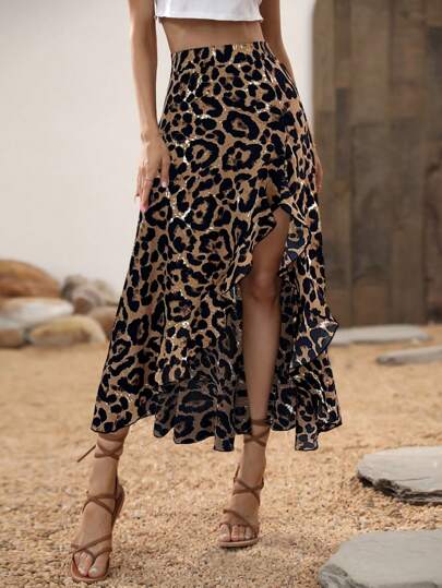 Calvaya Falda larga de abertura lateral con estampado de leopardo para verano, outfits de vacaciones y playa para mujeres